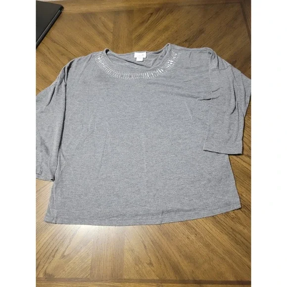 Jaclyn Smith Womens Gray Embellished Neckline 3/4 Sleeve Top Plus Size L/G - Picture 1 of 6